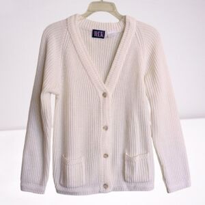 Vintage Cardigan Sweater Shaker Knit White V-neck Pockets Medium